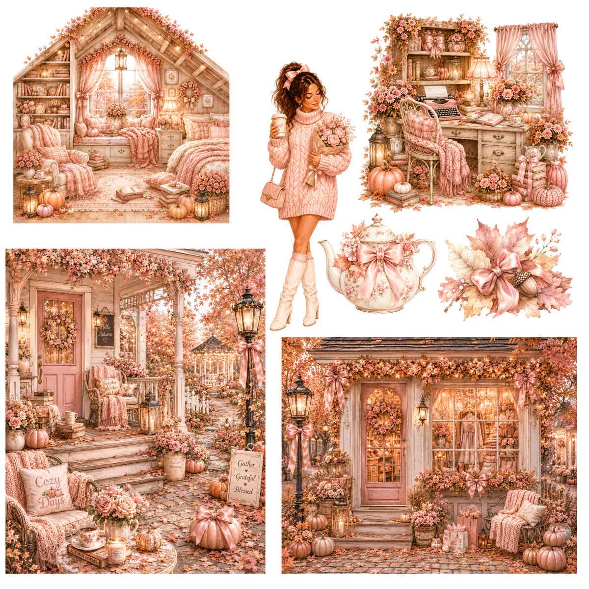 Pink Lovely Autumn Clipart Mega-Set – 102 süße Rosa Herbst PNGs (300 DPI)