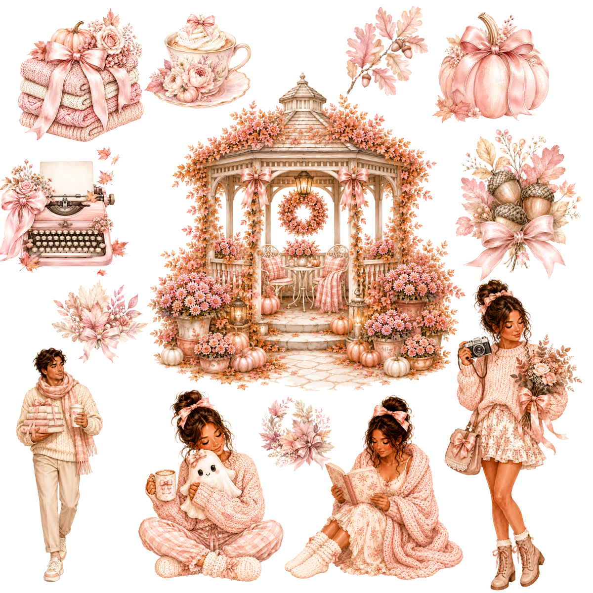 Pink Lovely Autumn Clipart Mega-Set – 102 süße Rosa Herbst PNGs (300 DPI)