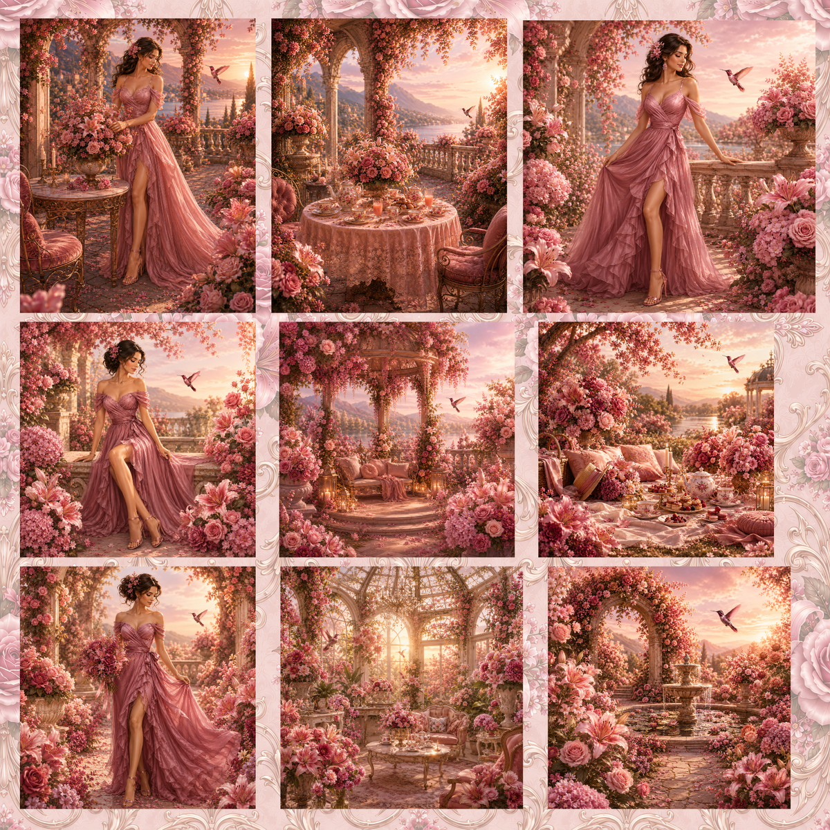 Luxuriöses Blumen-Clipart Set Selential in Rosé für kommerzielle Nutzung
