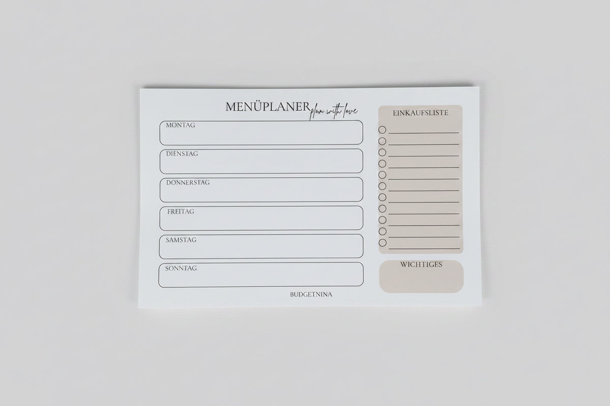 Menüplaner beige A5 Querformat | Wochenplaner Abreißblock | 25 Blatt 120g Papier