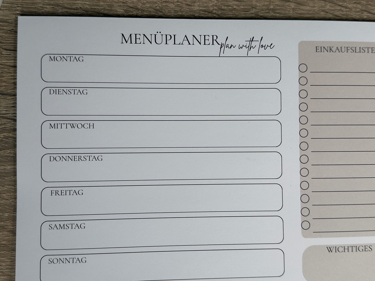 Menüplaner beige A5 Querformat | Wochenplaner Abreißblock | 25 Blatt 120g Papier