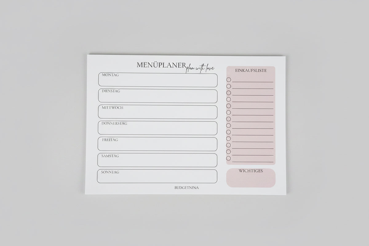 Menüplaner rosa A5 Querformat | Wochenplaner Abreißblock | 25 Blatt 120g Papier