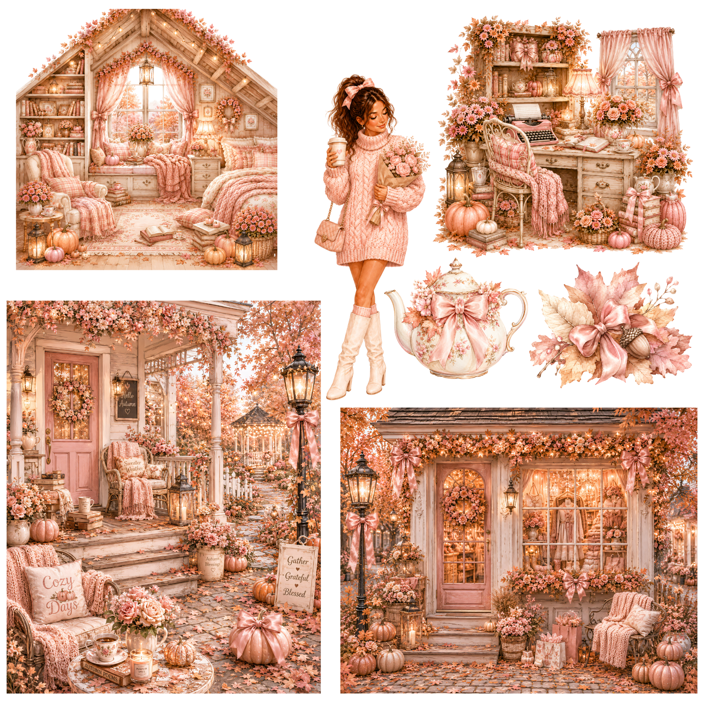 Pink Lovely Autumn Clipart Mega-Set – 102 süße Rosa Herbst PNGs (300 DPI)
