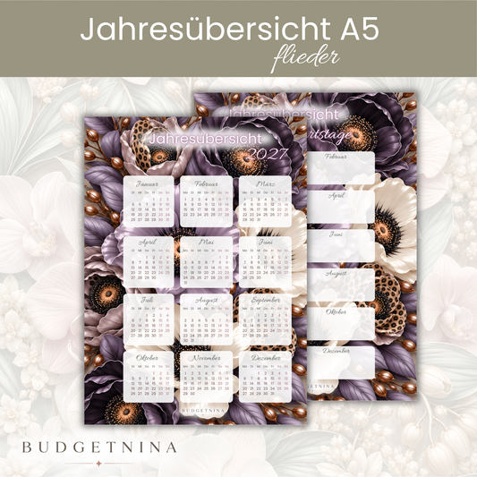 A5 Jahresübersicht Kalender & Geburtstage Flieder