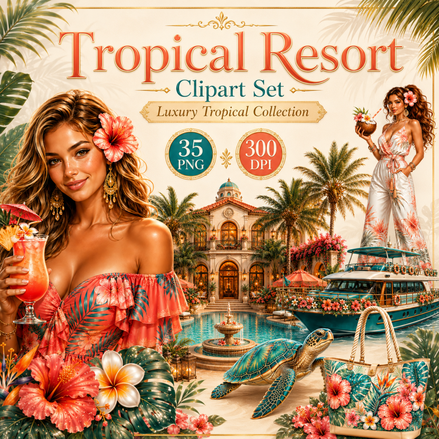 Tropical Resort Clipart Set – 35 Luxus Urlaub & Sommer PNGs (300 DPI)