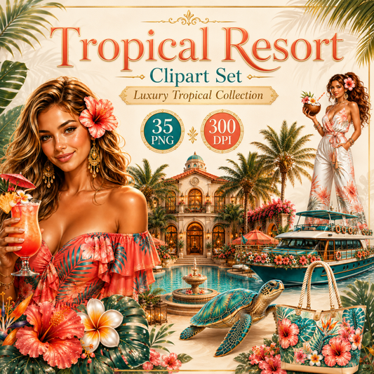 Tropical Resort Clipart Set – 35 Luxus Urlaub & Sommer PNGs (300 DPI)
