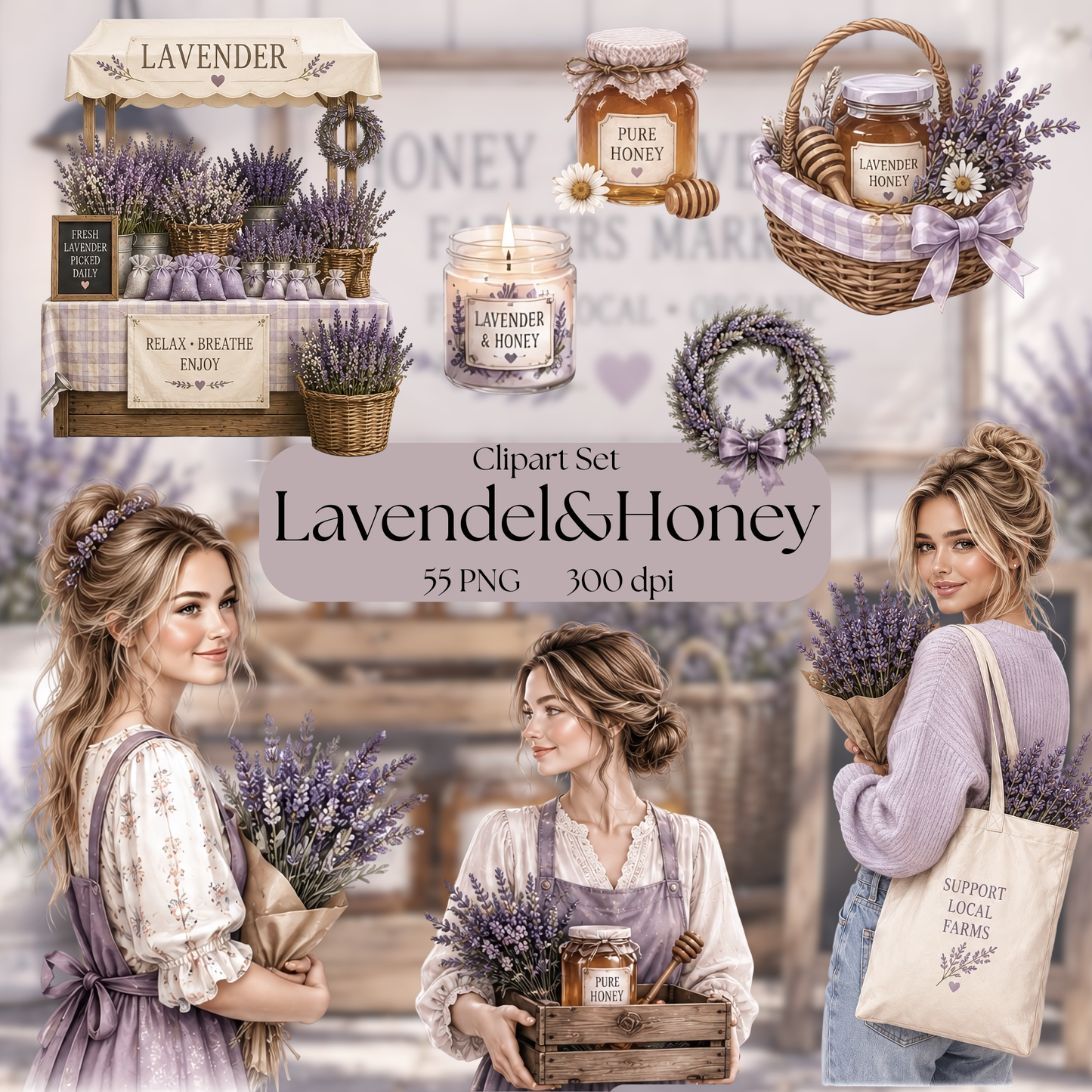 Lavender & Honey Clipart Bundle - 55 Aesthetic PNGs - Rustic Provence Farmhouse Art