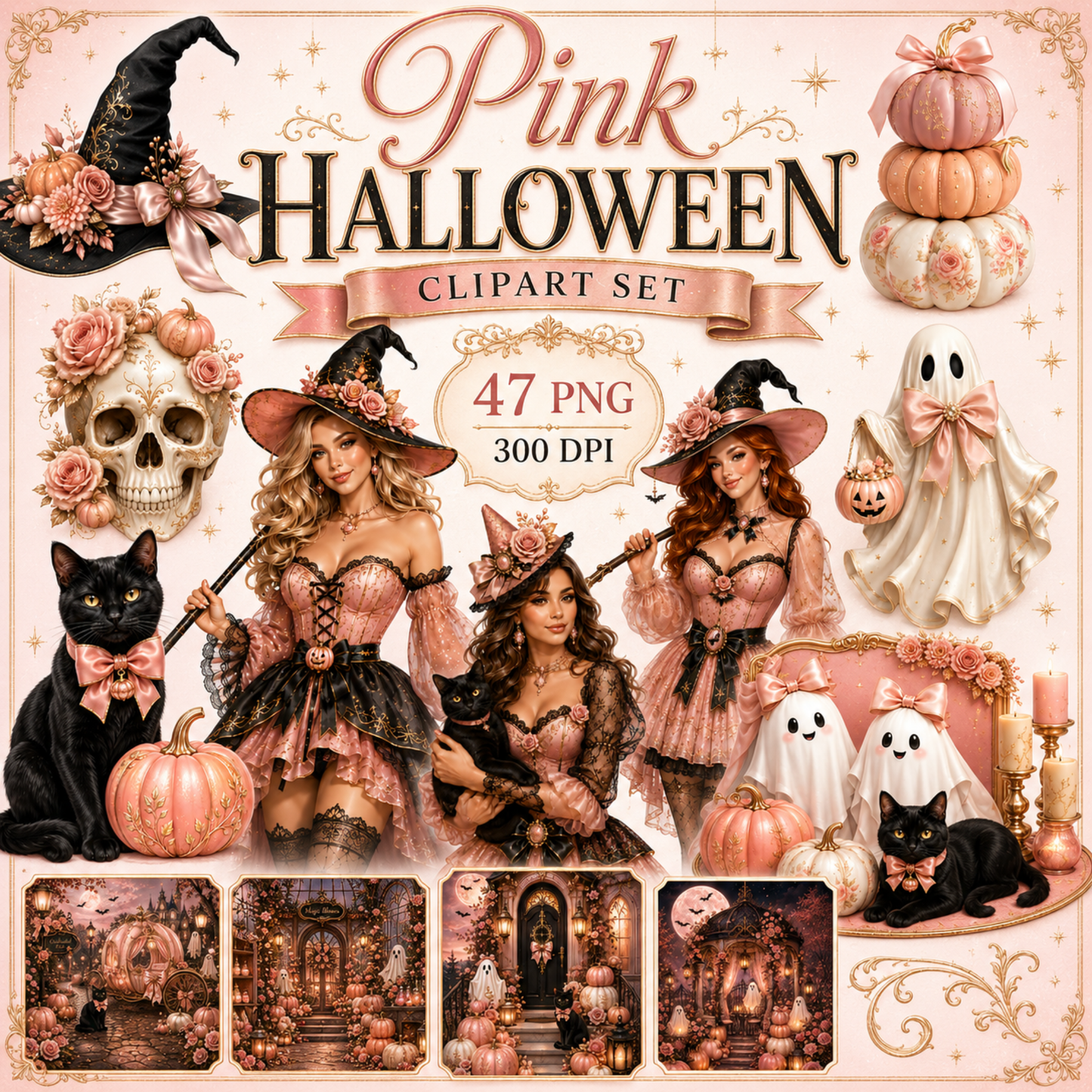 Pink Halloween Clipart Set – 47 Hochwertige Grafiken