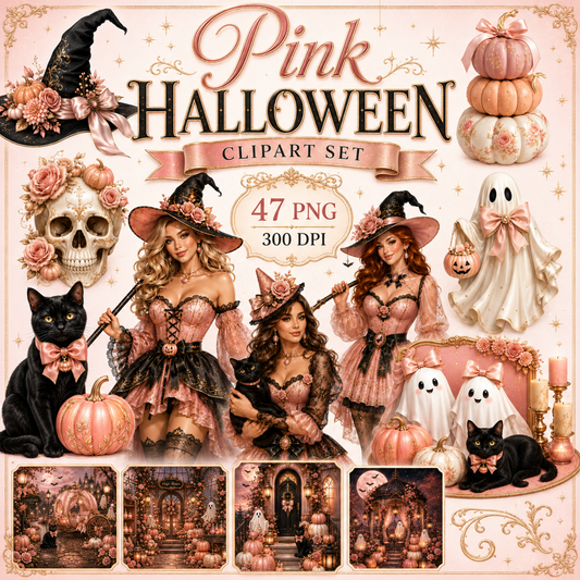 Pink Halloween Clipart Set – 47 Hochwertige Grafiken