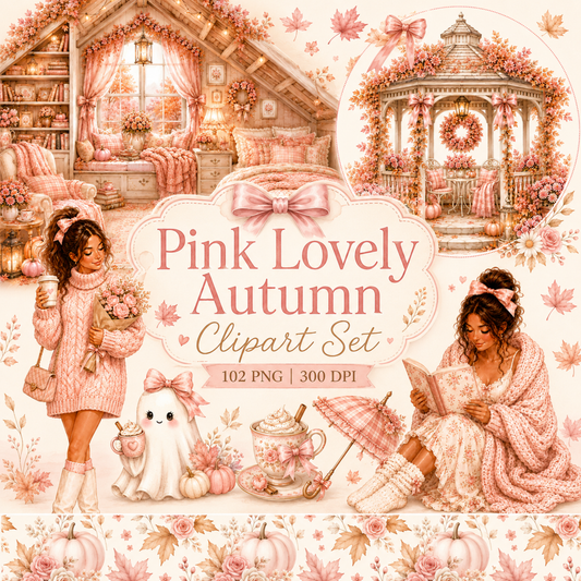 Pink Lovely Autumn Clipart Mega-Set – 102 süße Rosa Herbst PNGs (300 DPI)