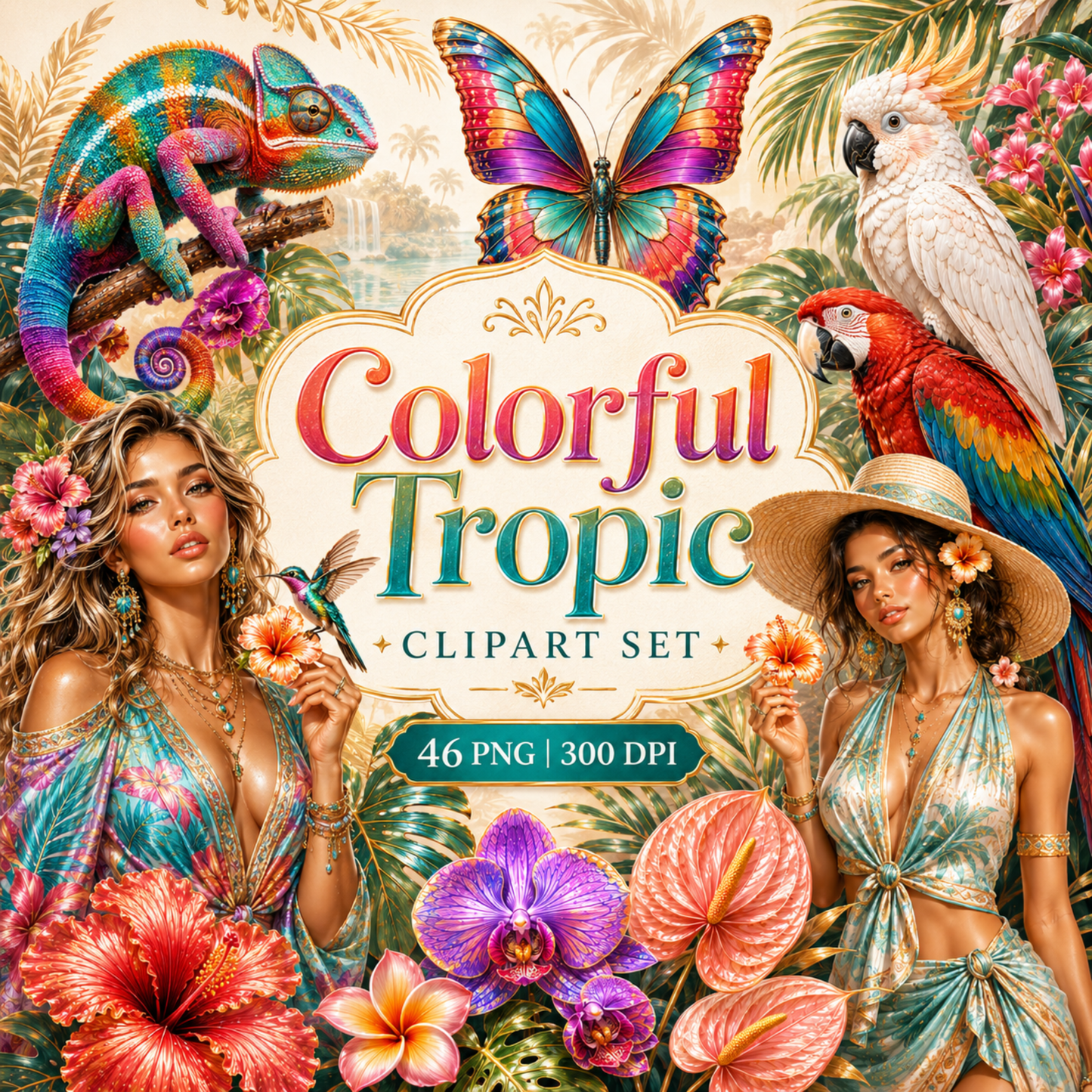 Colorful Tropic Clipart Set – 46 Tropische Sommer PNGs (300 DPI)