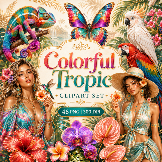 Colorful Tropic Clipart Set – 46 Tropische Sommer PNGs (300 DPI)