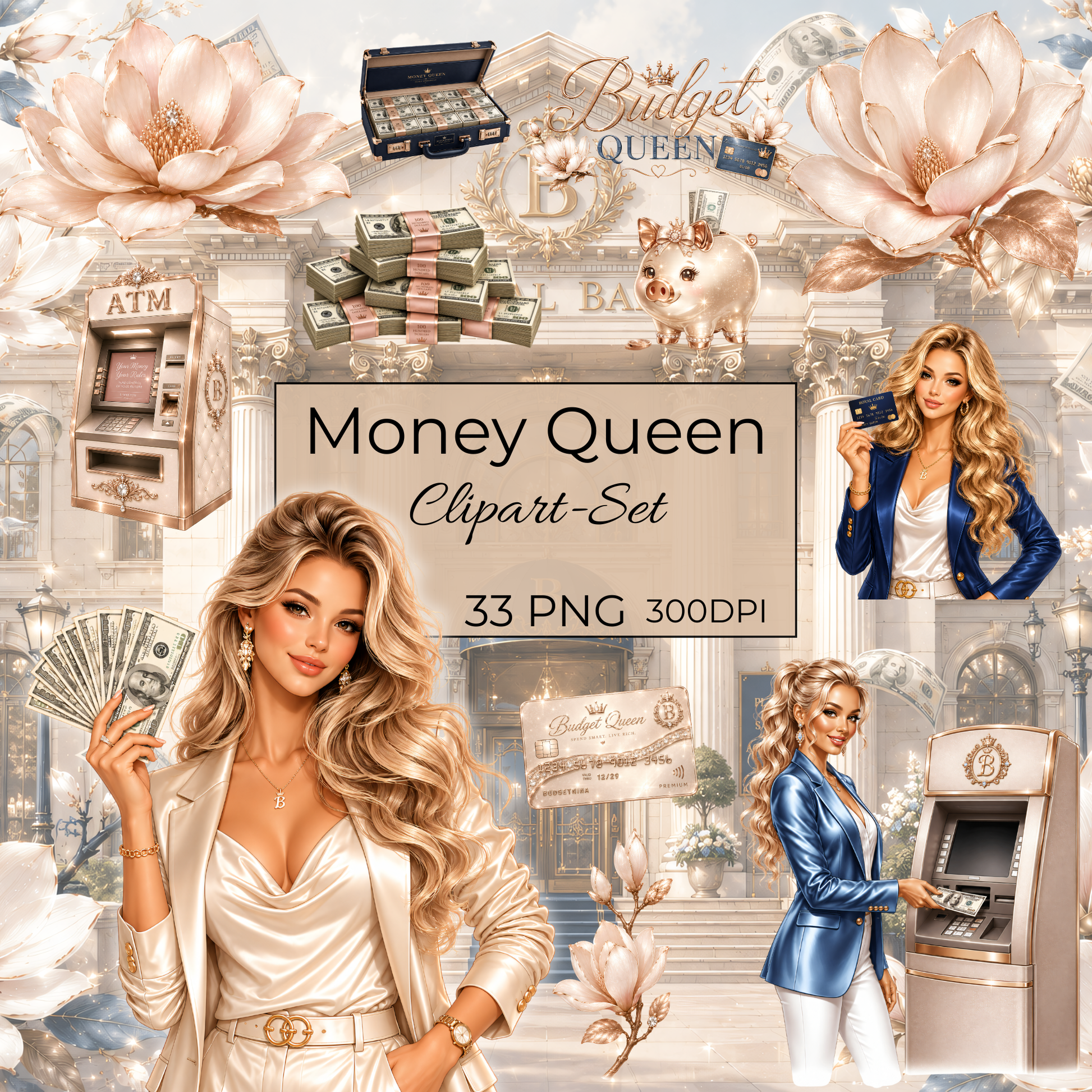 Luxus Budgeting Clipart Set Money Queen mit Frau, Tresor und Sparschwein in Navyblau und Gold.