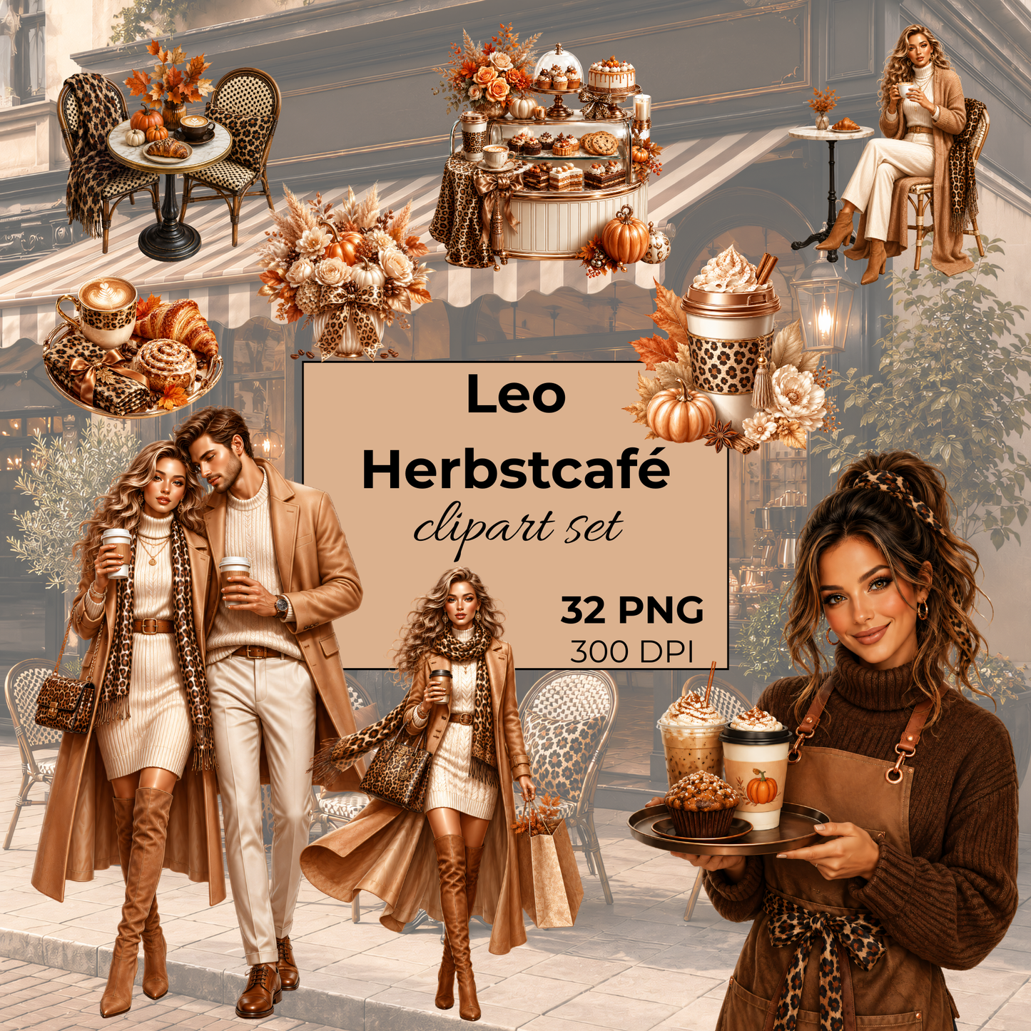 Leo Herbstcafé Clipart Set – 32 Herbst & Leopard PNGs