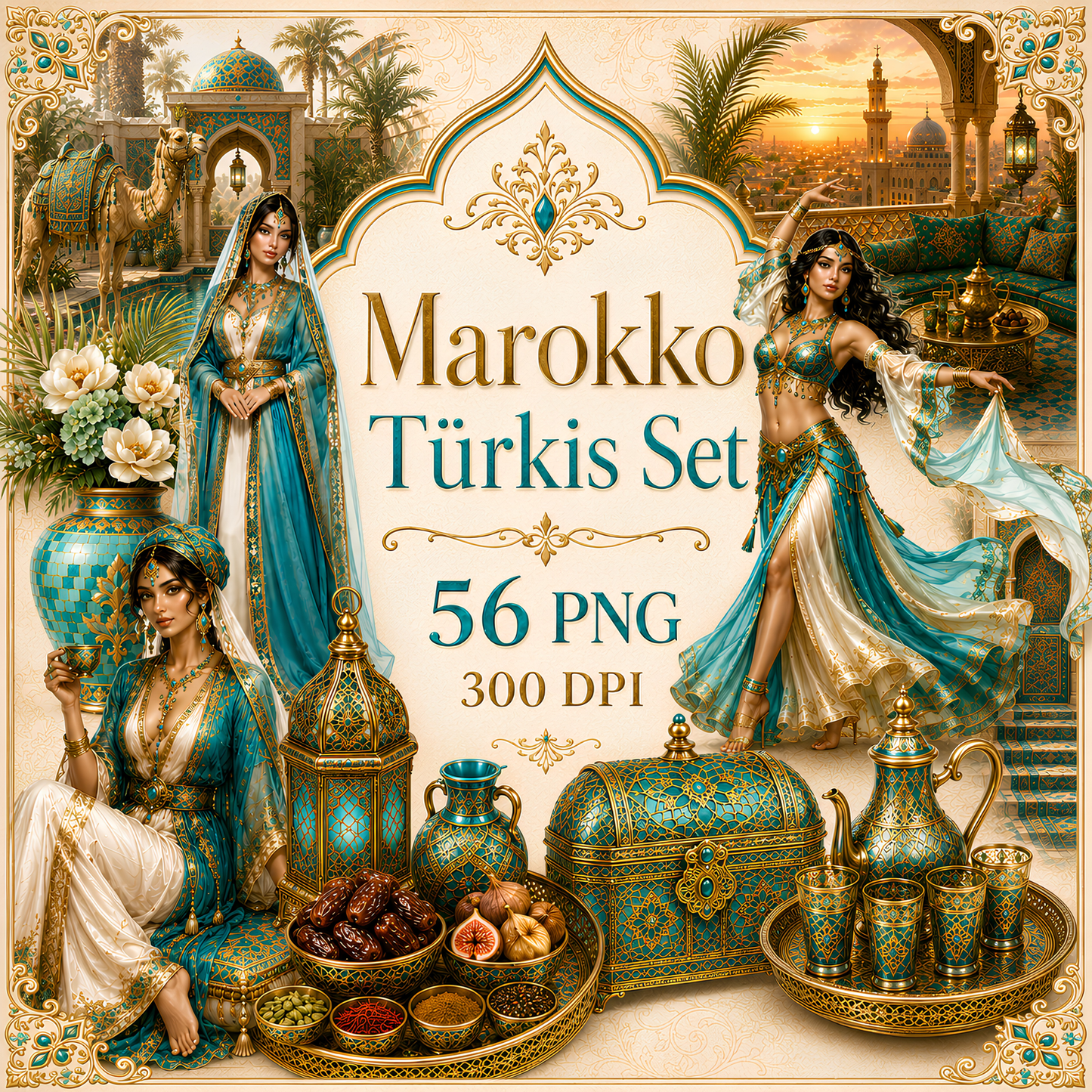Marokko Türkis Clipart Set – 56 Orientalische Reise & Wüsten PNGs