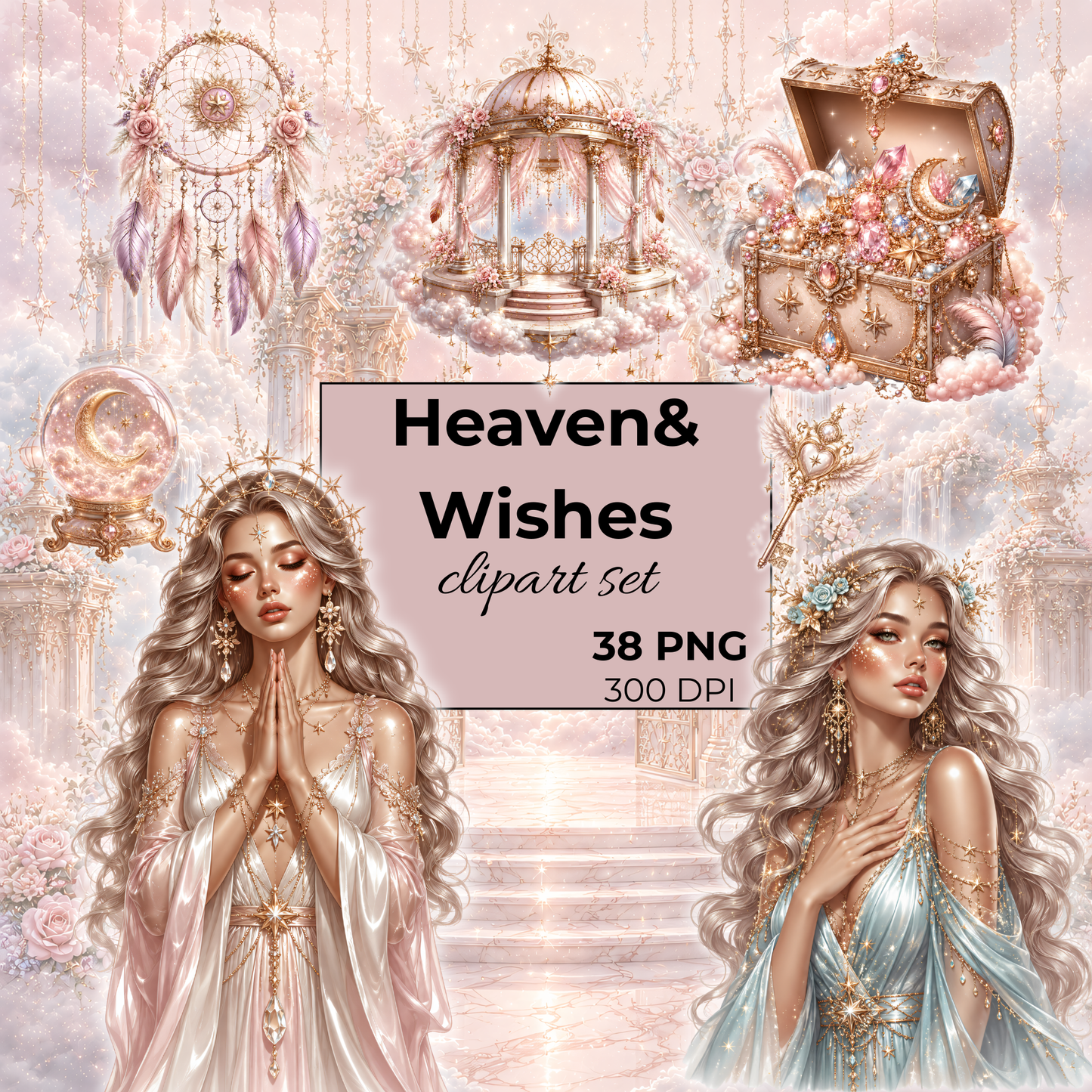Heaven Wishes Clipart Set 38 PNG | Engel Himmel Traumfänger Bilder | Powdery Rose Gold Fantasy Grafiken | Free Commercial Use Digital Download