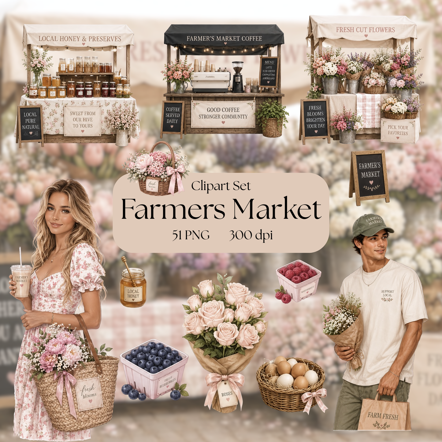 Farmers Market Clipart Bundle - 51 Coquette Aesthetic PNGs - Rustic Flower Market Graphics