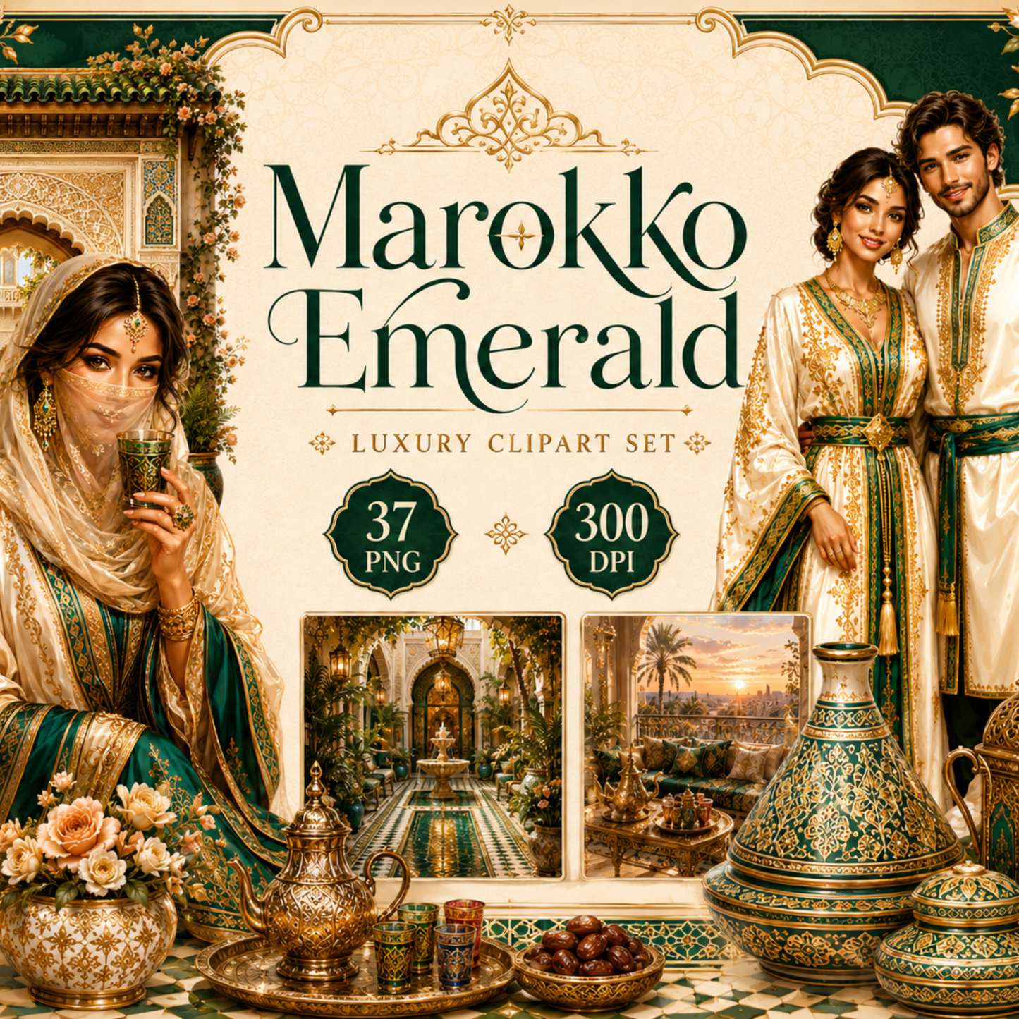Marokko Emerald Clipart Set – 37 Orientalische Luxus & Reise PNGs