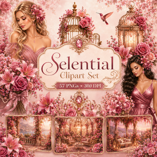 Luxuriöses Blumen-Clipart Set Selential in Rosé für kommerzielle Nutzung