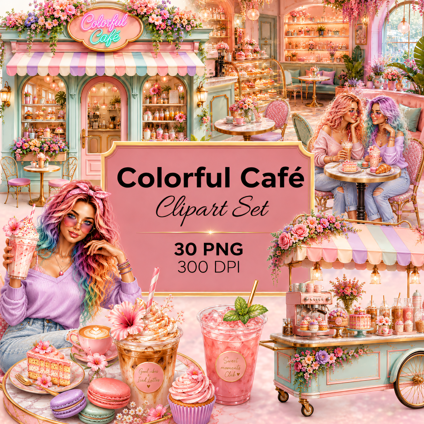 Colorful Café Clipart Set – 30 Pastell Sommer & Kaffeehaus PNGs