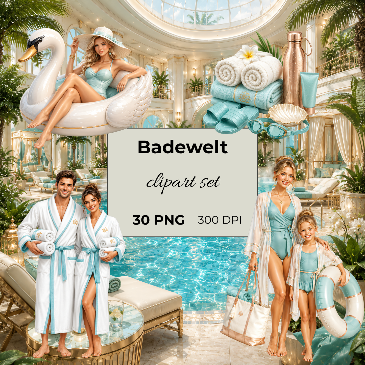 Badewelt Clipart Set – 30 Luxuriöse Pool & Wasserpark PNGs