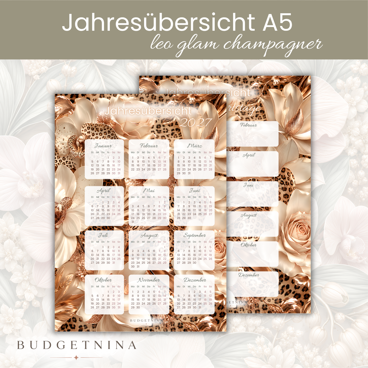 A5 Jahresübersicht Kalender & Geburtstage Leo Glam Champagner
