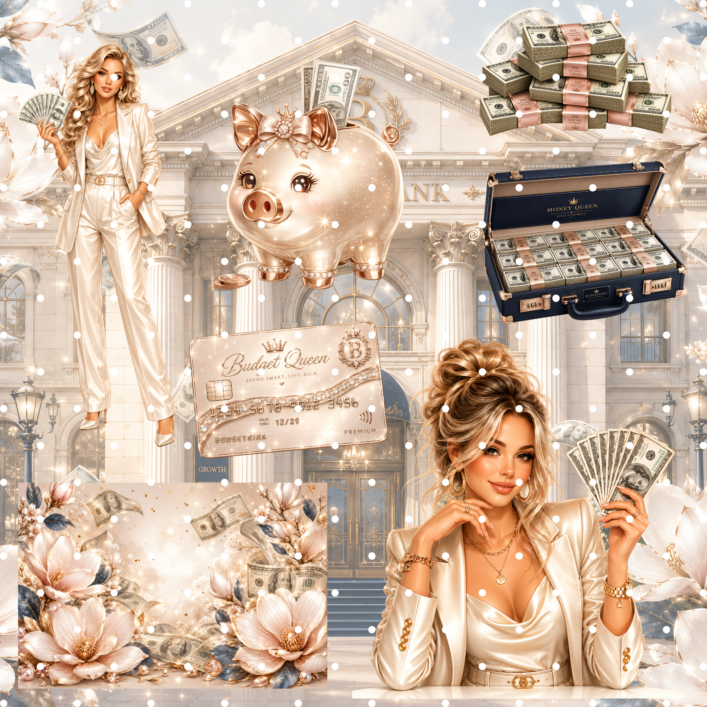 Transparente PNG Cliparts für Cash Stuffing und Sparchallenges mit Geldscheinen und Magnolien.