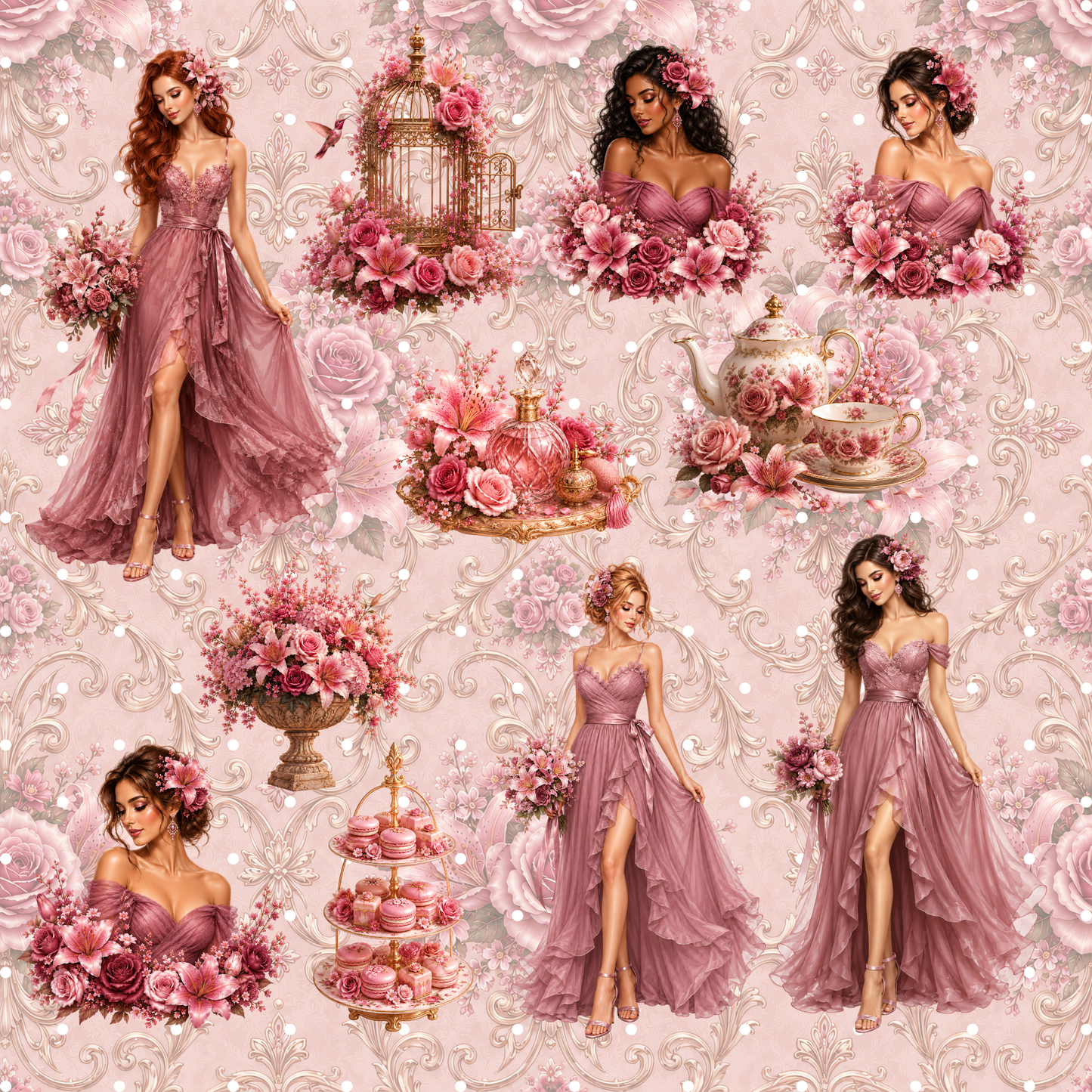 Luxuriöses Blumen-Clipart Set Selential in Rosé für kommerzielle Nutzung