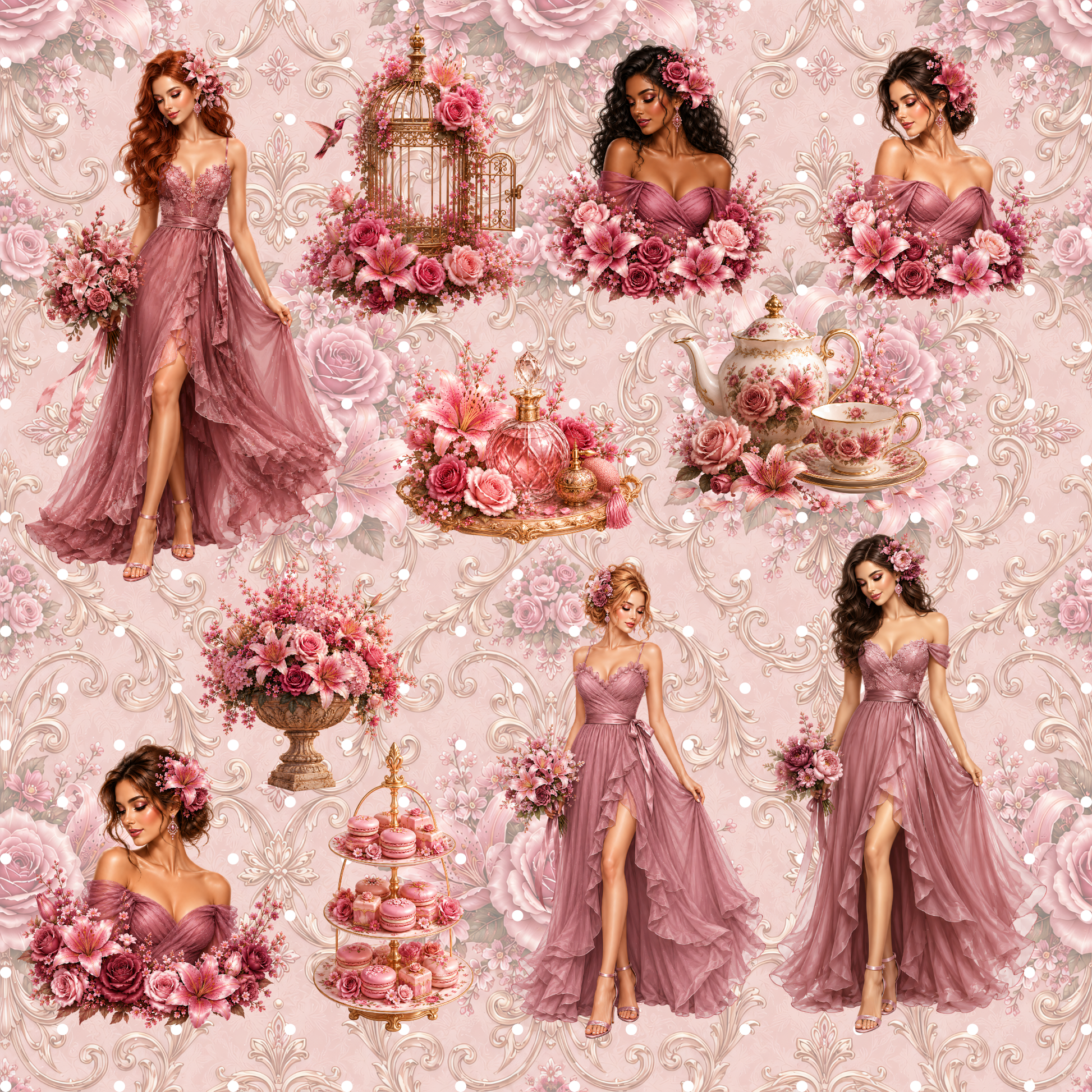 Luxuriöses Blumen-Clipart Set Selential in Rosé für kommerzielle Nutzung