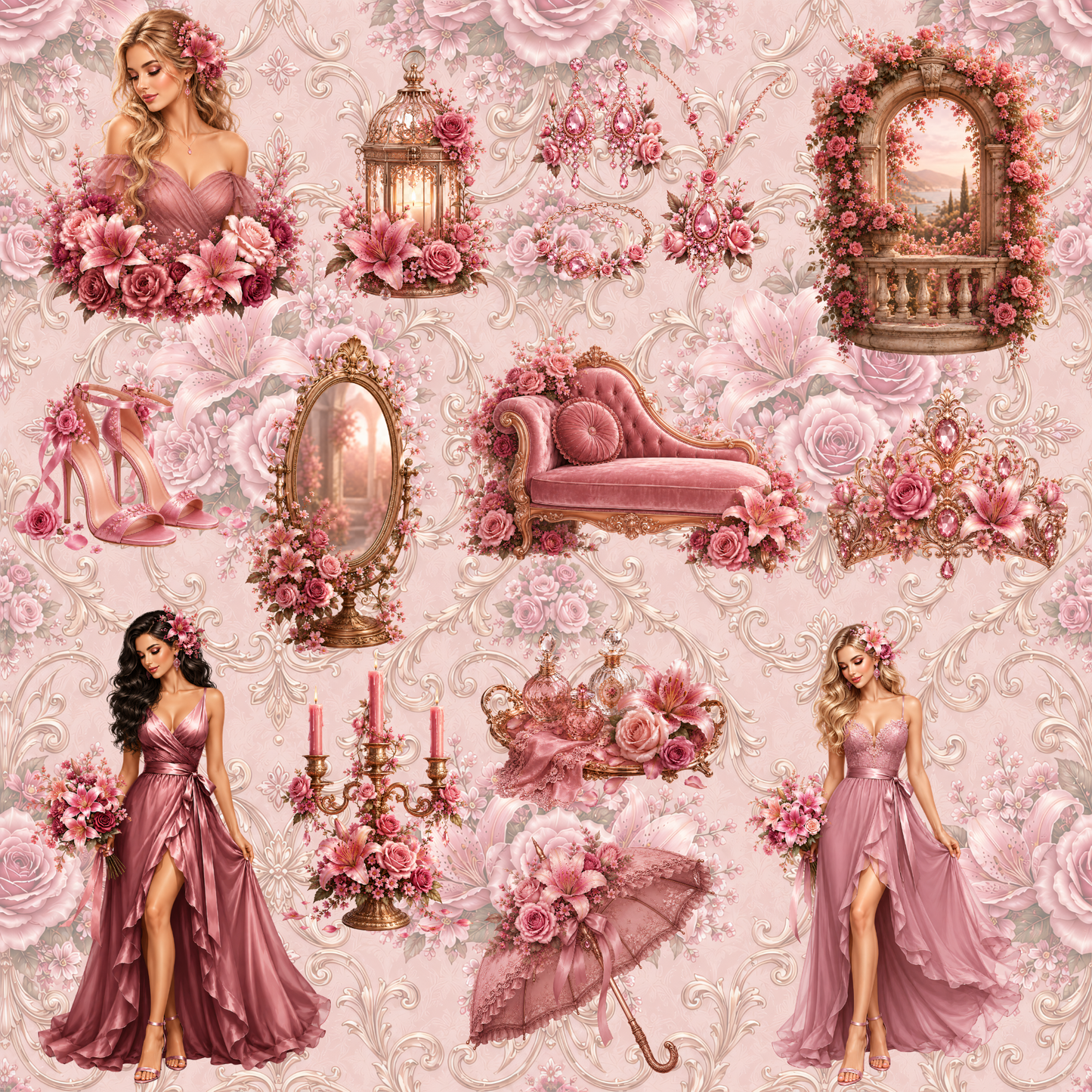Luxuriöses Blumen-Clipart Set Selential in Rosé für kommerzielle Nutzung