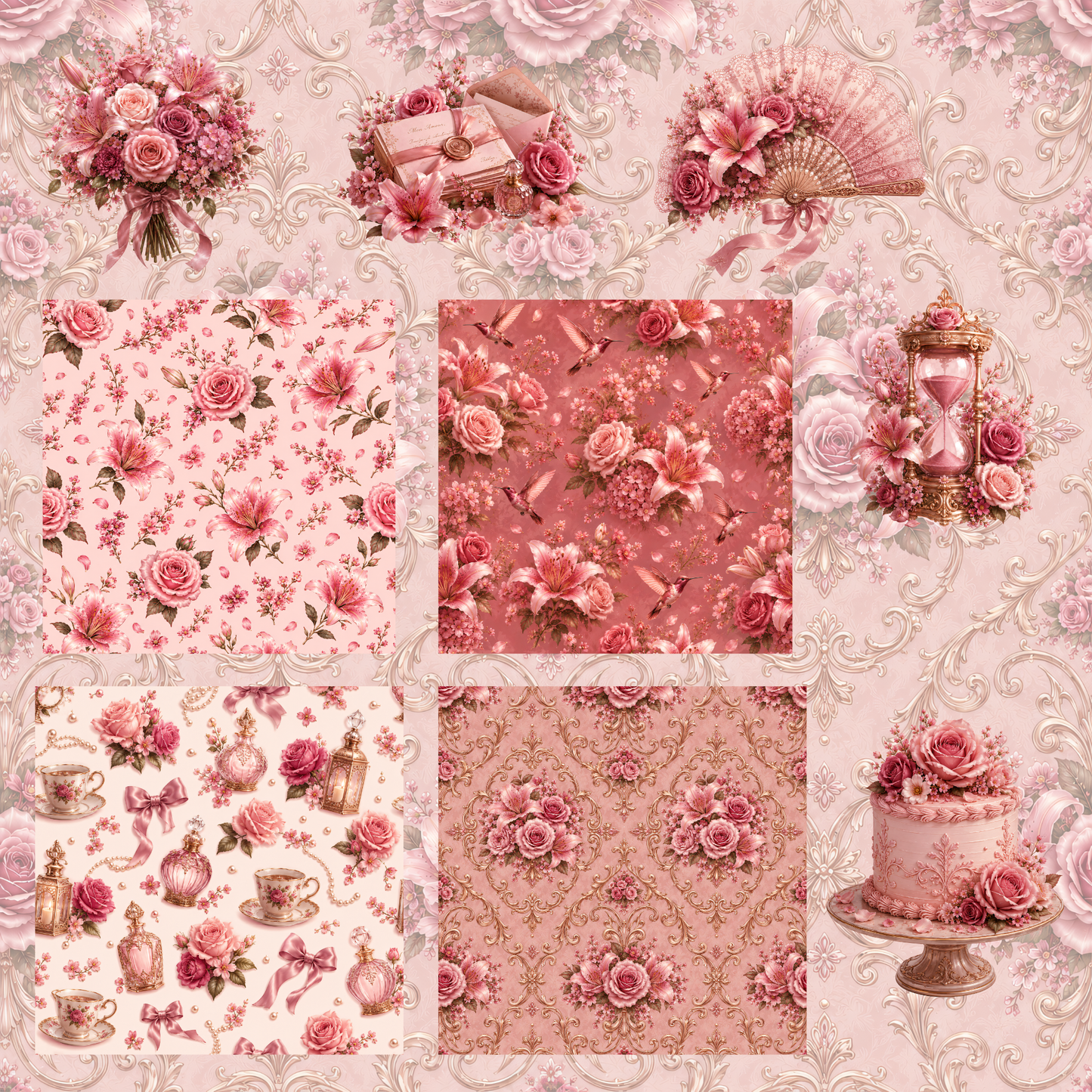 Luxuriöses Blumen-Clipart Set Selential in Rosé für kommerzielle Nutzung
