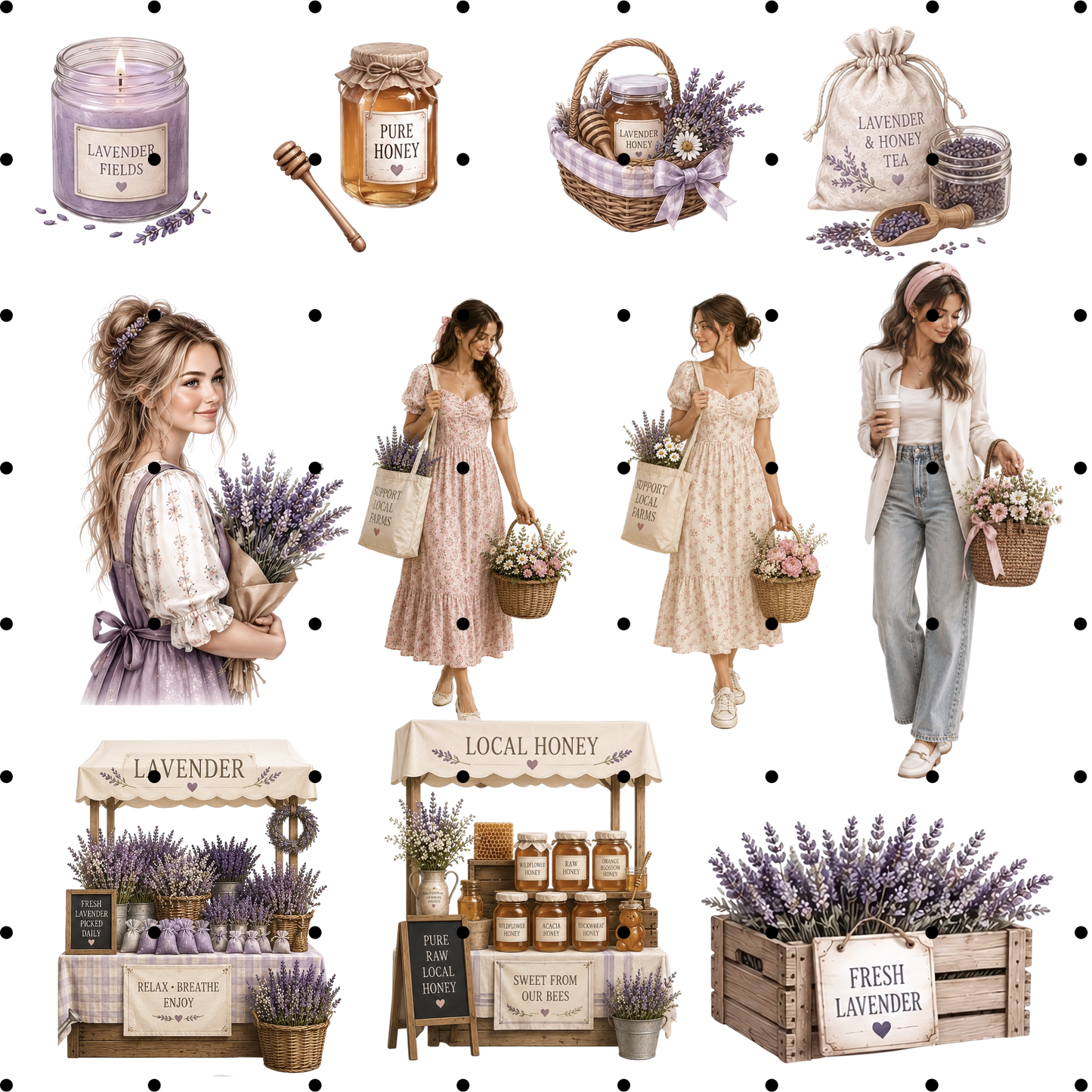 Lavender & Honey Clipart Bundle - 55 Aesthetic PNGs - Rustic Provence Farmhouse Art