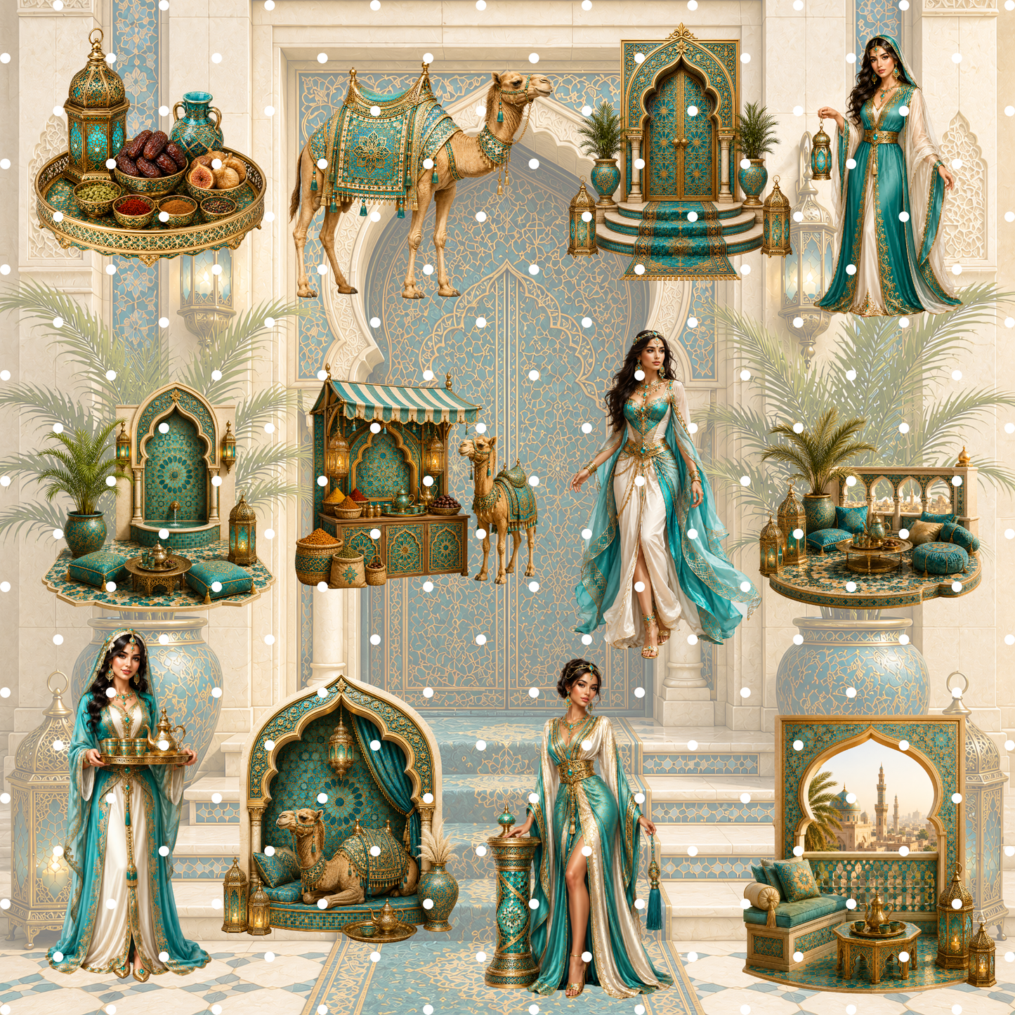Marokko Türkis Clipart Set – 56 Orientalische Reise & Wüsten PNGs