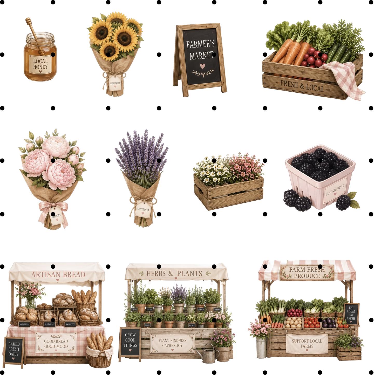 Farmers Market Clipart Bundle - 51 Coquette Aesthetic PNGs - Rustic Flower Market Graphics