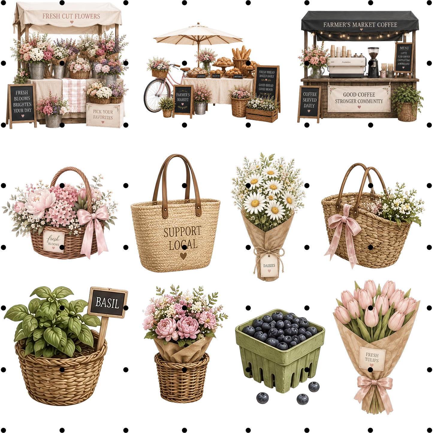 Farmers Market Clipart Bundle - 51 Coquette Aesthetic PNGs - Rustic Flower Market Graphics