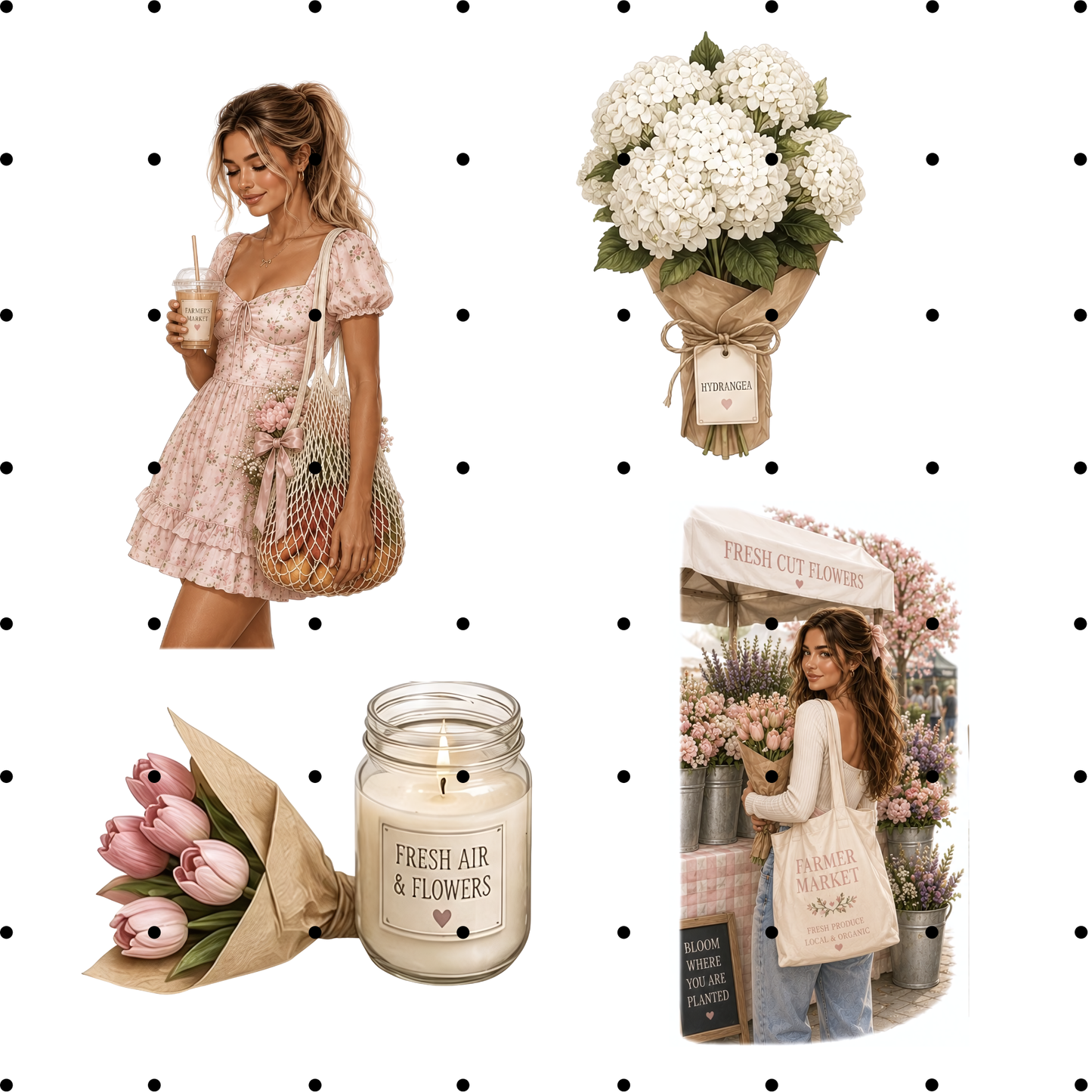 Farmers Market Clipart Bundle - 51 Coquette Aesthetic PNGs - Rustic Flower Market Graphics