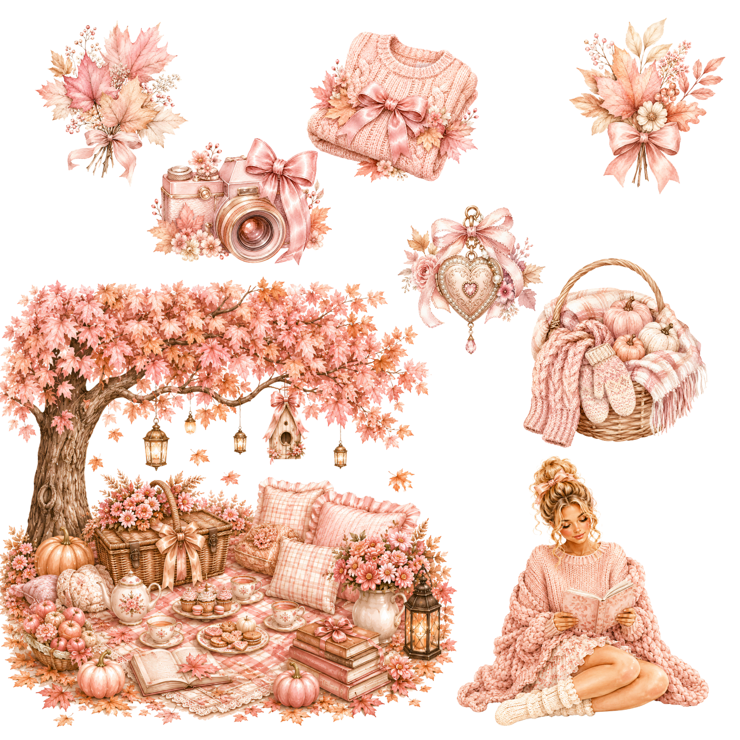 Pink Lovely Autumn Clipart Mega-Set – 102 süße Rosa Herbst PNGs (300 DPI)