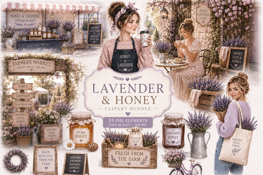 Lavender & Honey Clipart Bundle - 55 Aesthetic PNGs - Rustic Provence Farmhouse Art