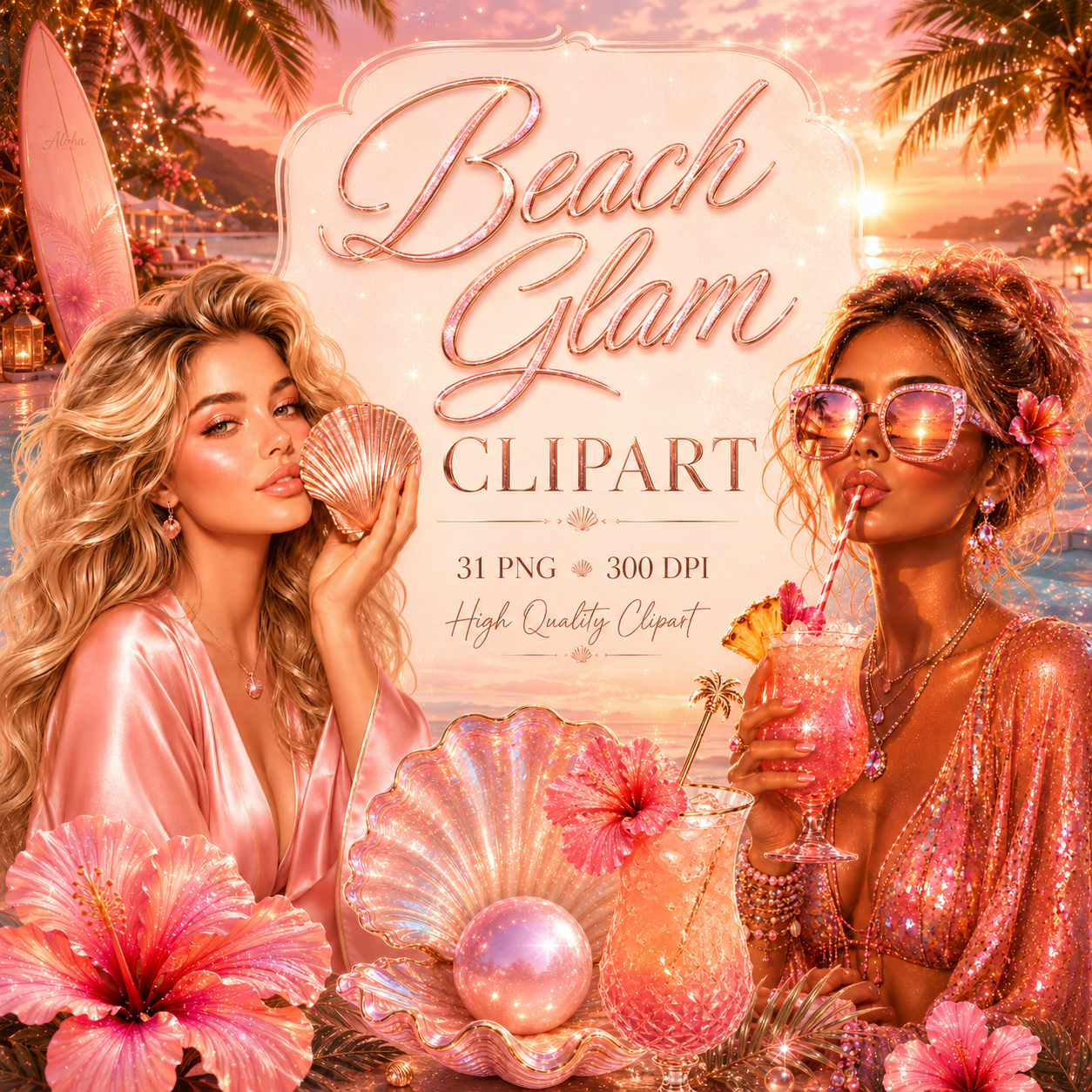 Beach Glam Clipart Set – 31 Transparente PNG-Dateien (Sommer & Luxus)