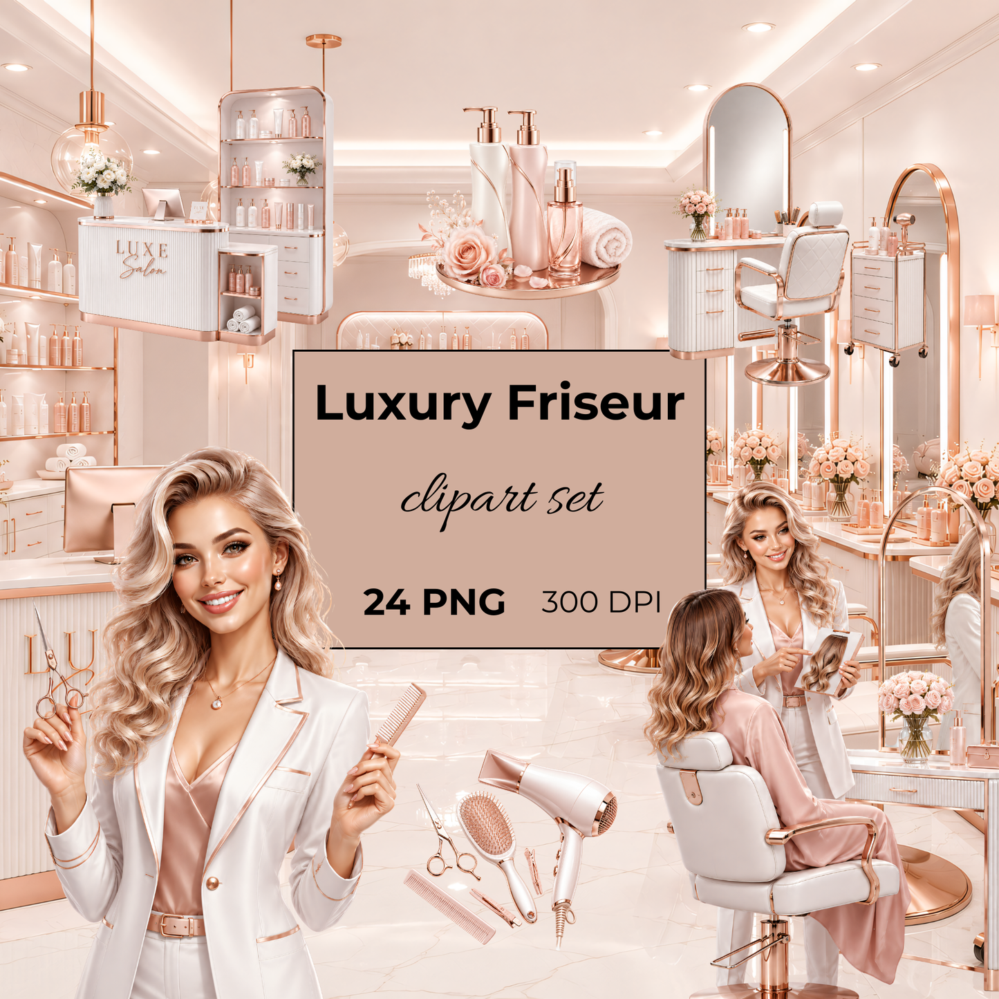 Luxury Friseur Clipart Set – 24 Hair Salon & Beauty PNGs