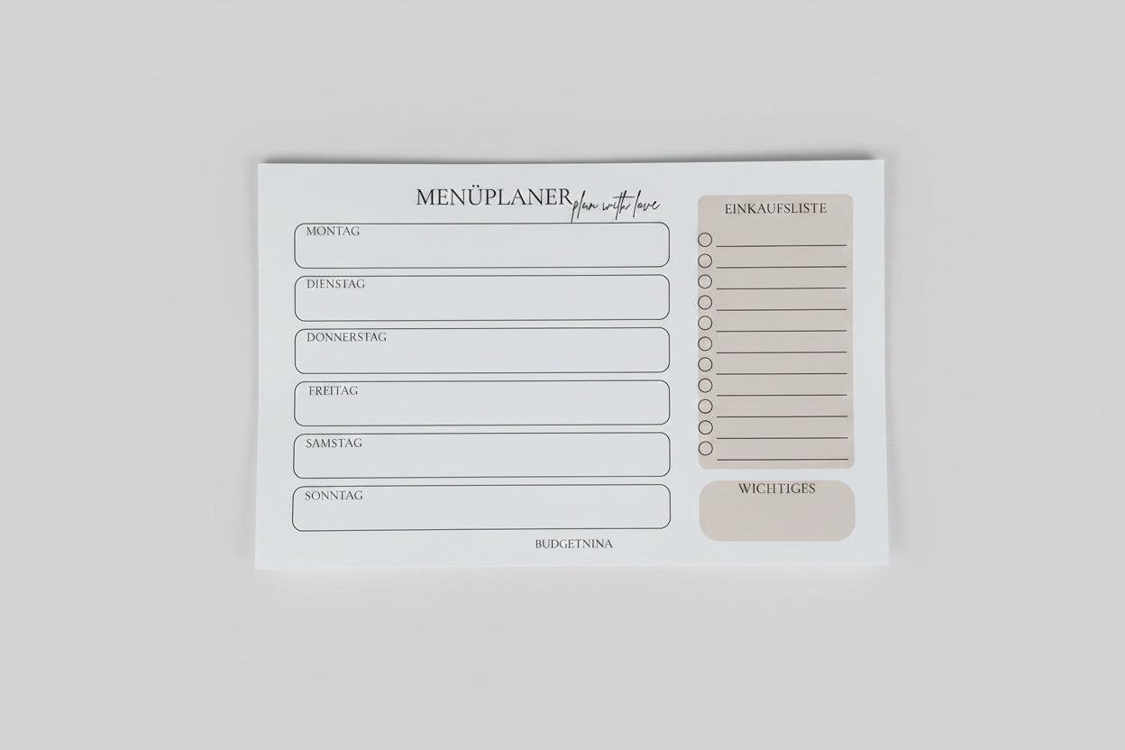 Menüplaner beige A5 Querformat | Wochenplaner Abreißblock | 25 Blatt 120g Papier