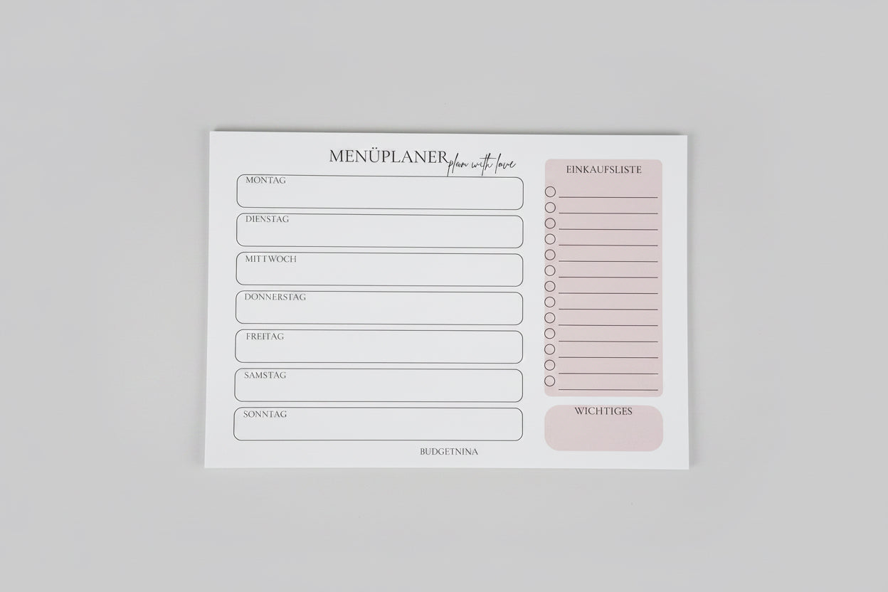 Menüplaner rosa A5 Querformat | Wochenplaner Abreißblock | 25 Blatt 120g Papier