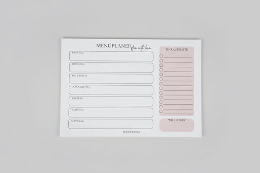 Menüplaner rosa A5 Querformat | Wochenplaner Abreißblock | 25 Blatt 120g Papier