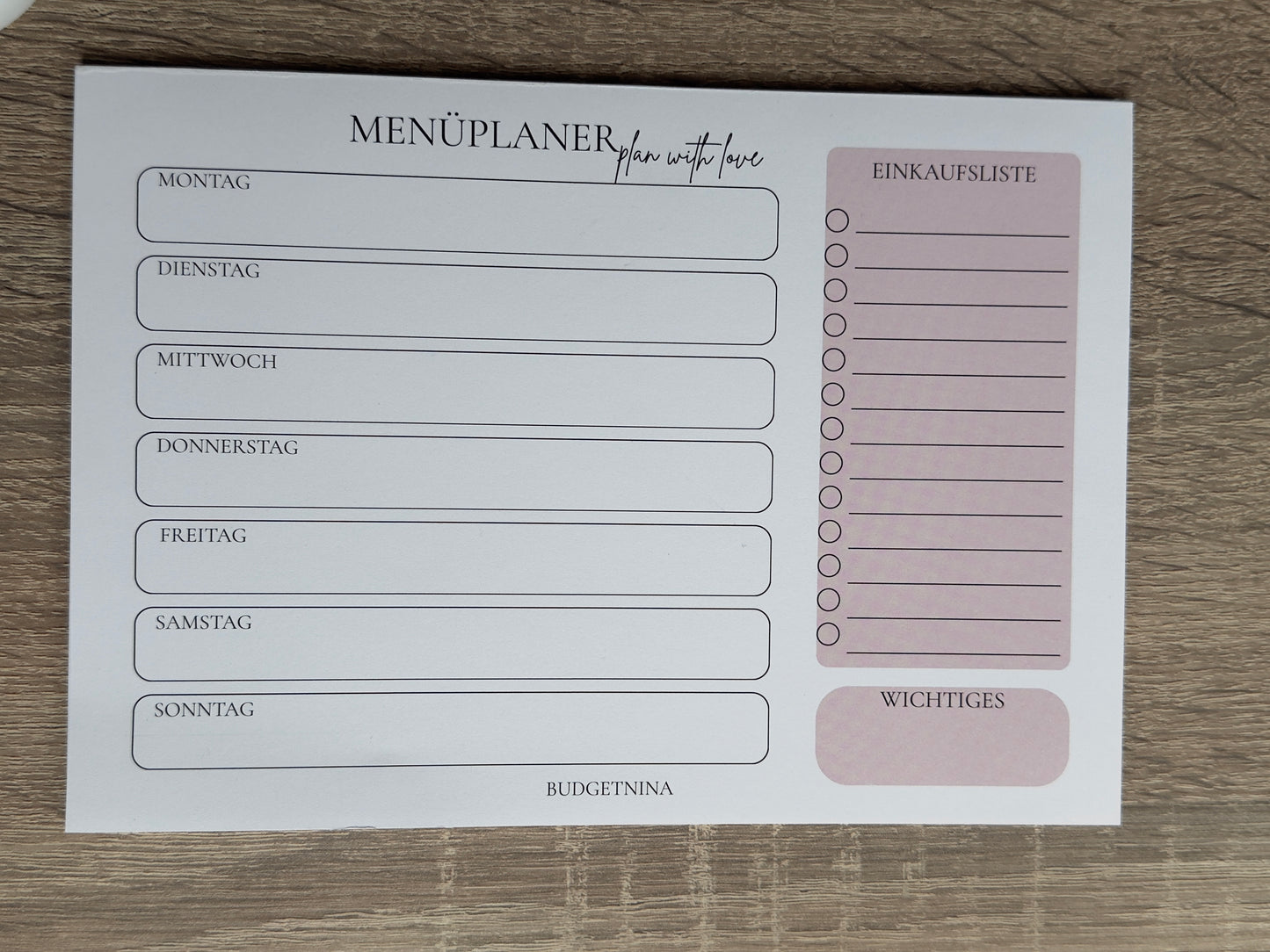 Menüplaner rosa A5 Querformat | Wochenplaner Abreißblock | 25 Blatt 120g Papier
