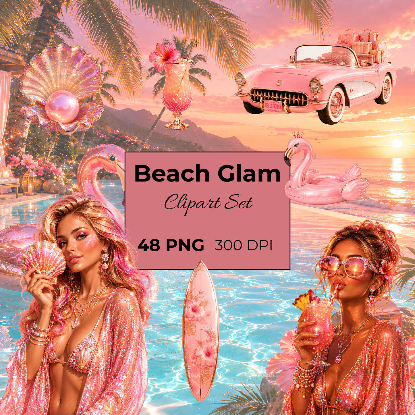 Beach Glam Clipart Set – 31 Transparente PNG-Dateien
