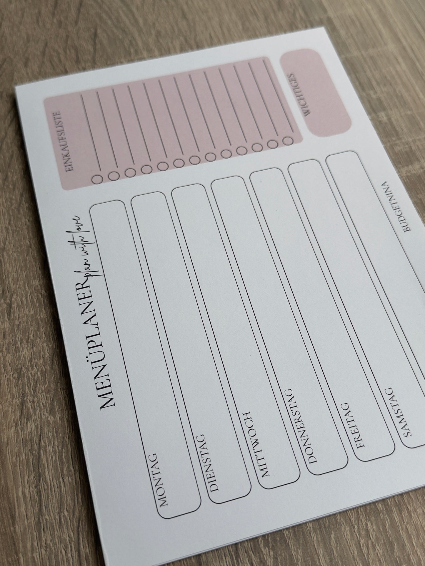 Menüplaner rosa A5 Querformat | Wochenplaner Abreißblock | 25 Blatt 120g Papier